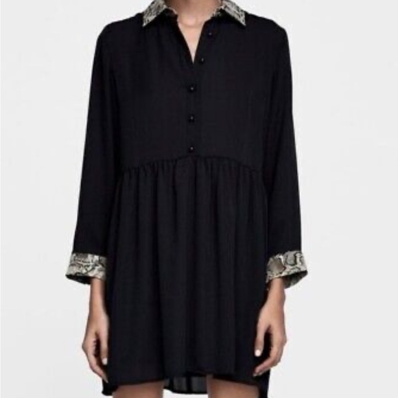 ZARA Black Button-Up Dress with Patterned Collar - Picture 1 of 10